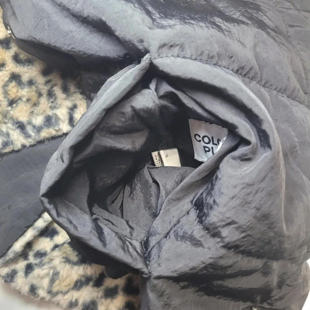 Color Place Kids Reversible Puffer Vest Black Faux Fur Leopard Print XXL 18/20‎